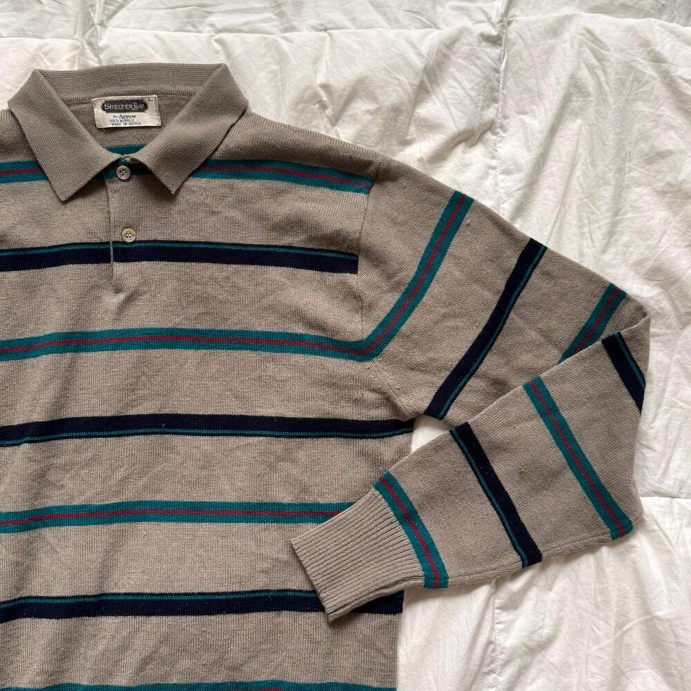 Vintage 60s 70s striped polo sweater shelter Bay‎ size Large academia preppy
